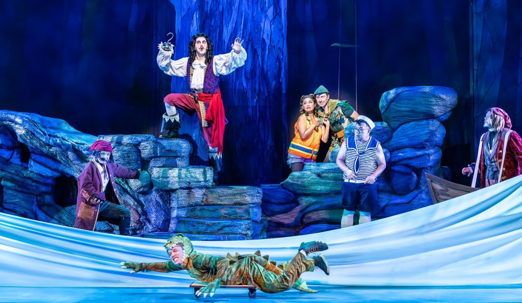 Cathy Rigby, Josh Grisetti, Regina Fernandez, Steven Booth, Reggie De Leon, Trent Mills, and (on floor) Nick Apostolina in Peter Pan Goes Wrong 