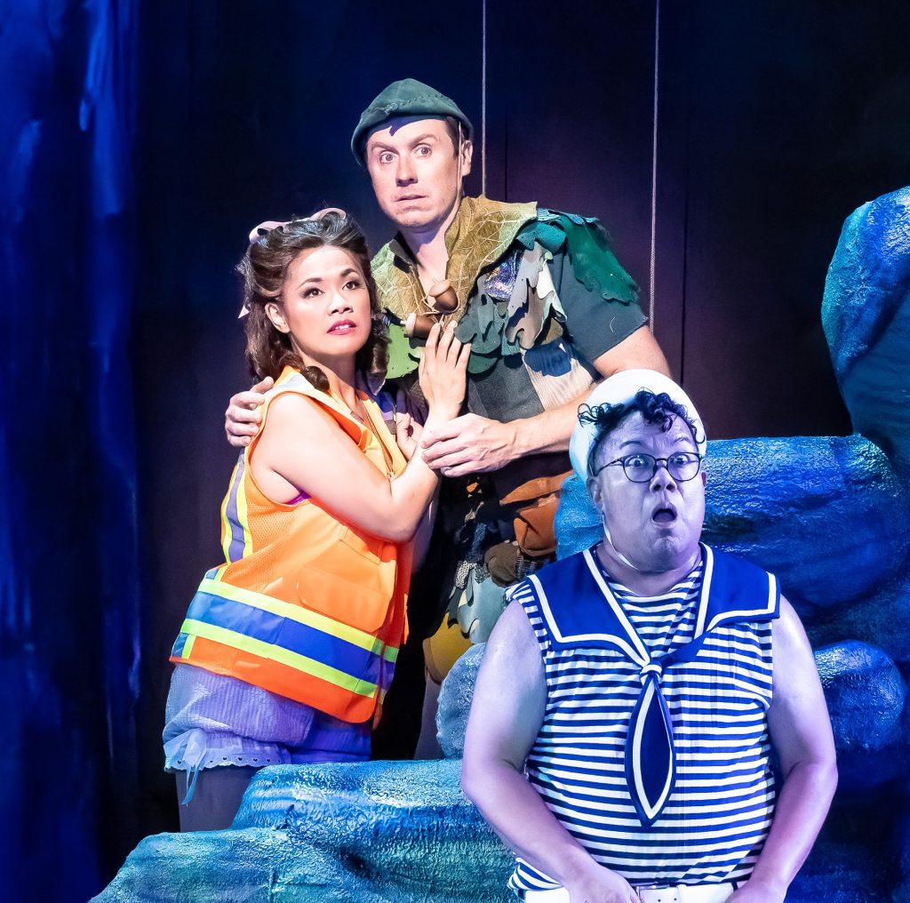 Regina Fernandez, Steven Booth, and Reggie De Leon in Peter Pan Goes Wrong
